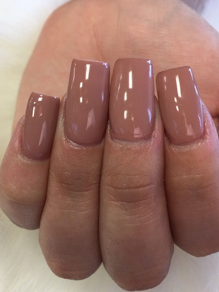Long square nails in glossy mocha brown